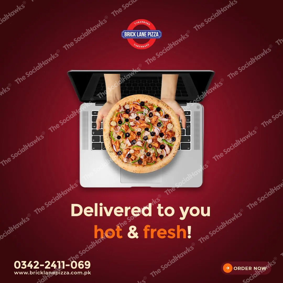 Brick Lane Pizza online delivery ad with fresh pizza served on laptop